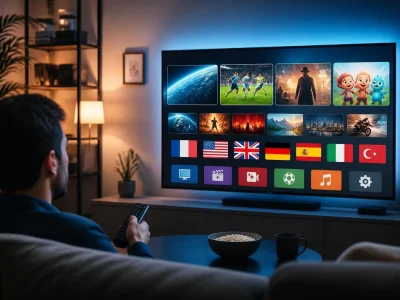 Homme assis devant un grand écran affichant l'interface du service Xenon Tv dans un salon confortable