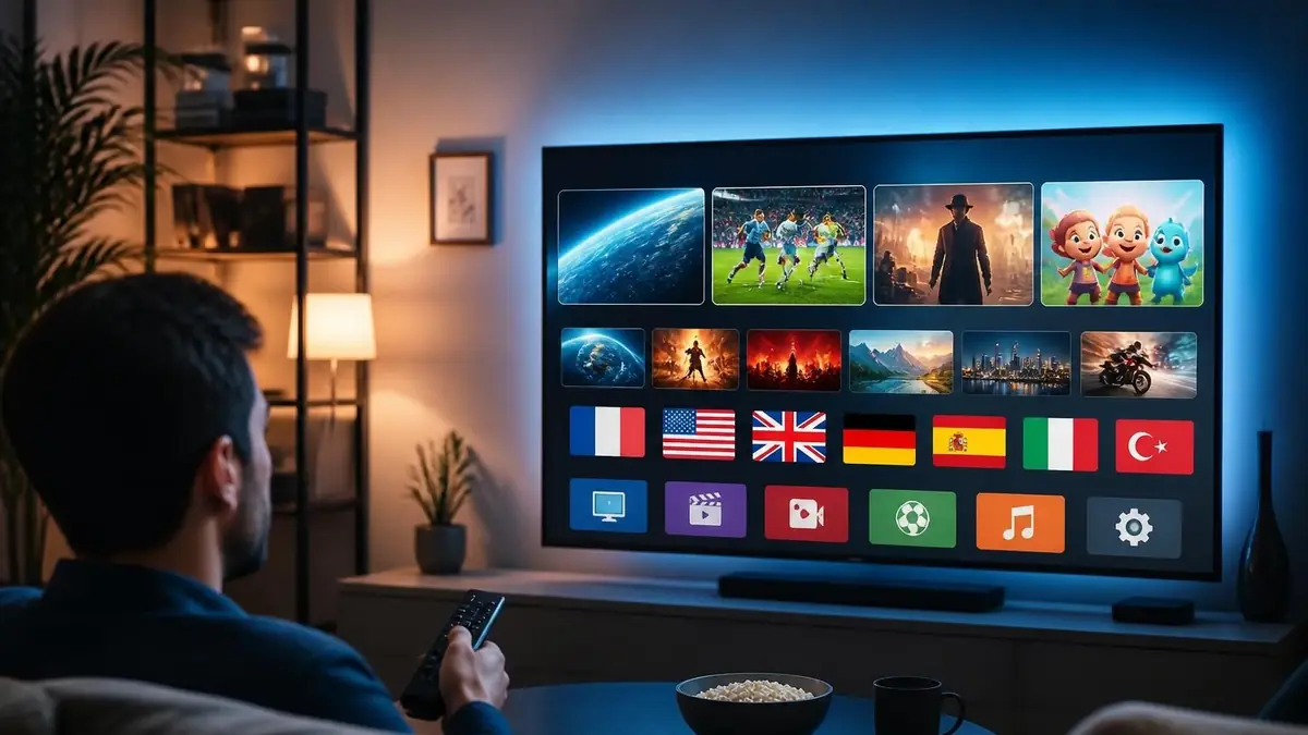 Homme assis devant un grand écran affichant l'interface du service Xenon Tv dans un salon confortable