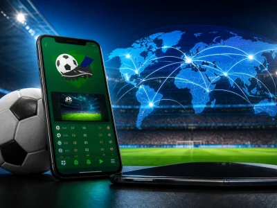 Un smartphone affichant YallaShoot devant un ballon de foot et une carte du monde connectée
