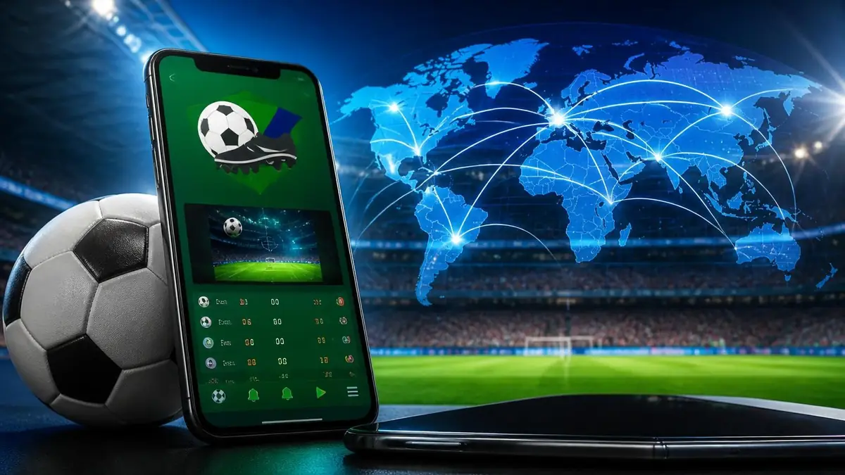 Un smartphone affichant YallaShoot devant un ballon de foot et une carte du monde connectée