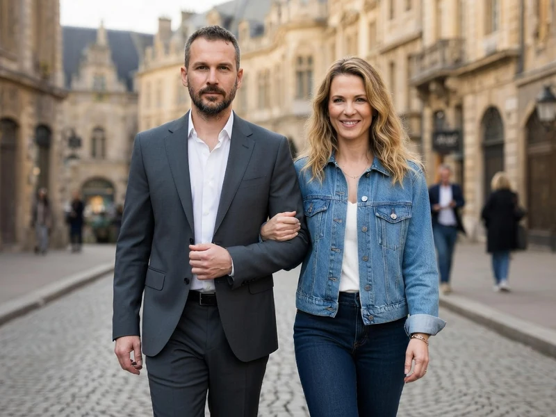 Yann Dernaucourt marche bras dessus bras dessous avec une femme dans une rue pavée historique