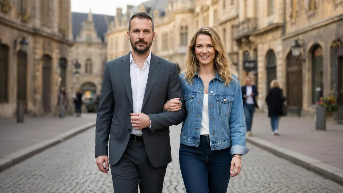 Yann Dernaucourt marche bras dessus bras dessous avec une femme dans une rue pavée historique