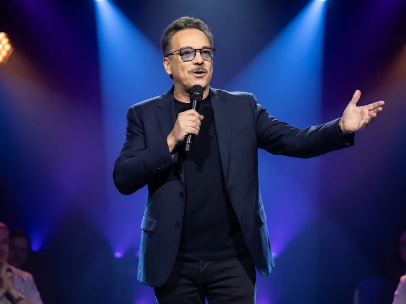 Yann Guillarme sur scène, micro à la main, devant un public sous des projecteurs bleus