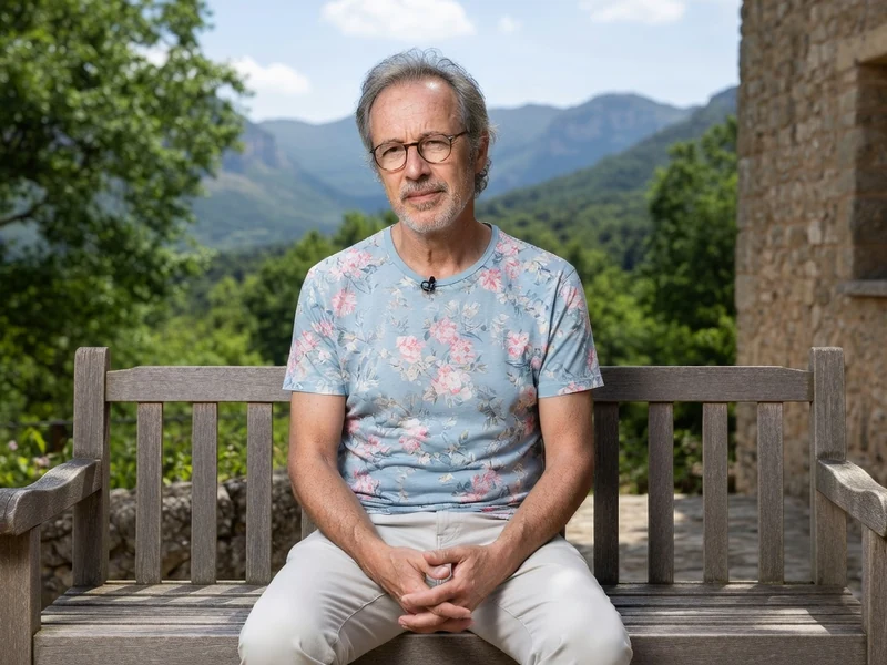 Yann Lipnick est assis sur un banc en bois devant un paysage montagneux.
