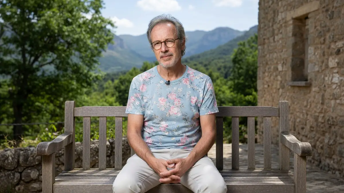 Yann Lipnick est assis sur un banc en bois devant un paysage montagneux.