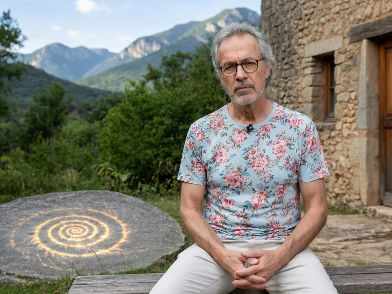 Yann Lipnick est assis sur un banc devant une bâtisse en pierre et des montagnes