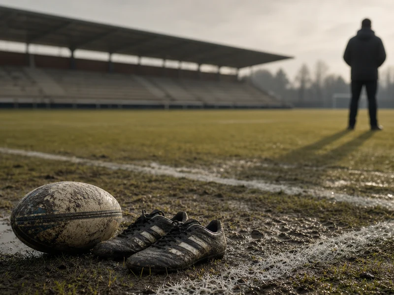 Un ballon de rugby sur un terrain vide évoque le combat de Yannick Larguet contre le racisme.