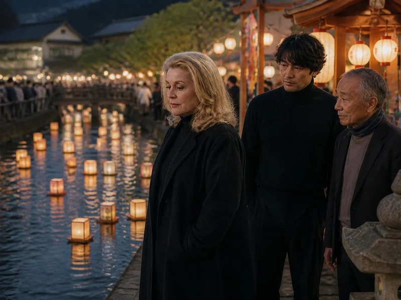Catherine Deneuve et ses compagnons observent des lanternes flottantes pour le film yokai Le Monde des esprits