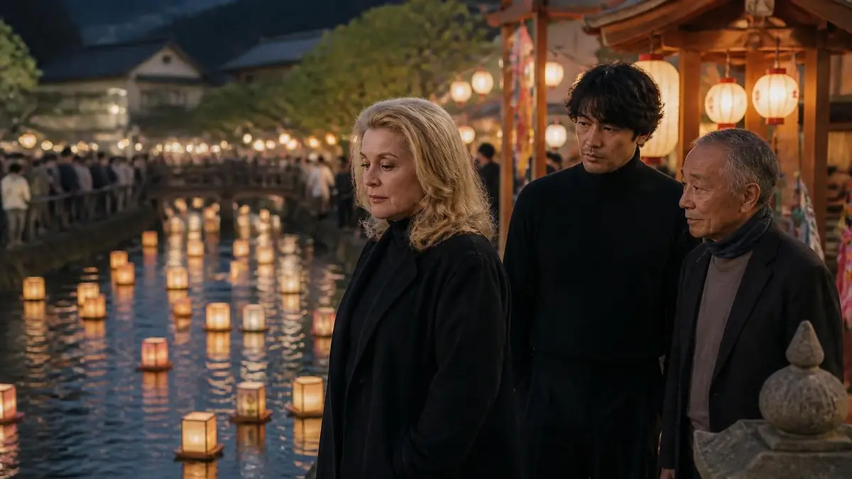 Catherine Deneuve et ses compagnons observent des lanternes flottantes pour le film yokai Le Monde des esprits