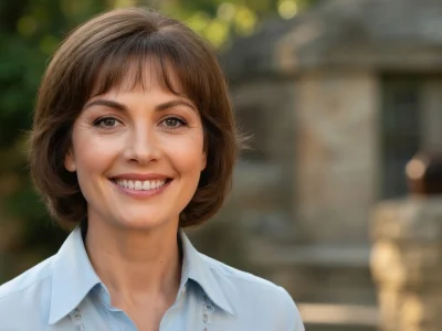 Yolande Folliot sourit chaleureusement dans ce portrait en extérieur