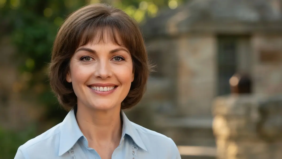 Yolande Folliot sourit chaleureusement dans ce portrait en extérieur