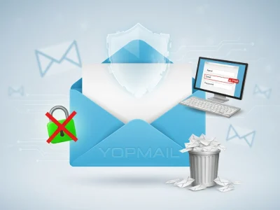 Une enveloppe bleue avec bouclier côtoie un ordinateur portable et une corbeille pour Yopmail