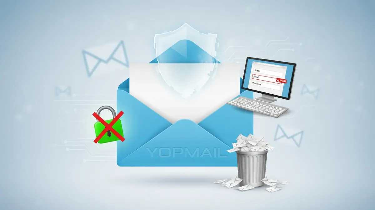 Une enveloppe bleue avec bouclier côtoie un ordinateur portable et une corbeille pour Yopmail
