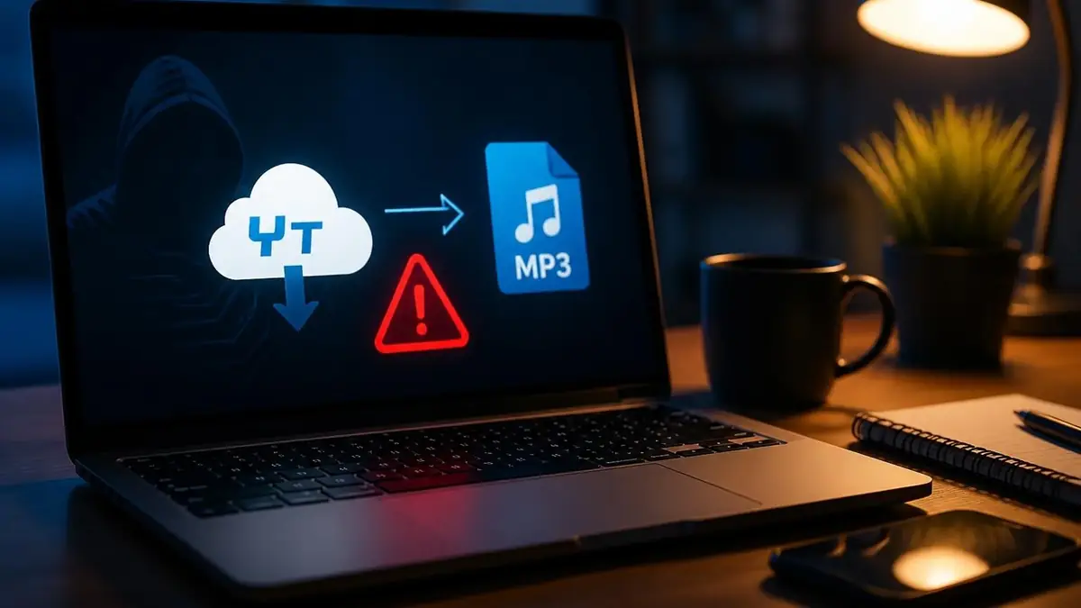 Ordinateur affichant un avertissement de sécurité lié à l'utilisation d'un convertisseur ytmp3
