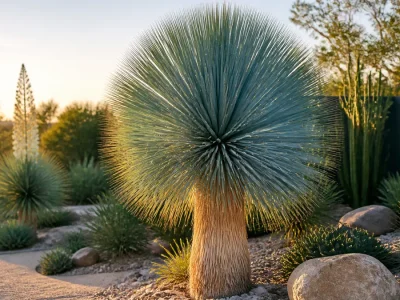 Un yucca rostrata bleu structure un jardin mineral contemporain au soleil couchant.