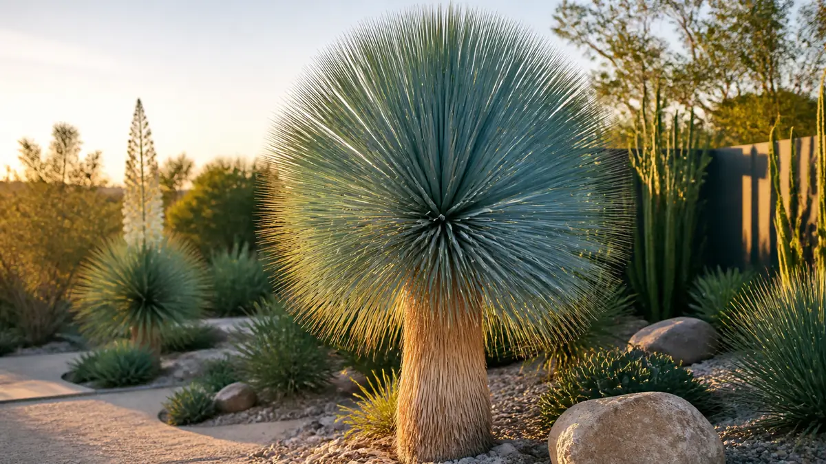 Un yucca rostrata bleu structure un jardin mineral contemporain au soleil couchant.