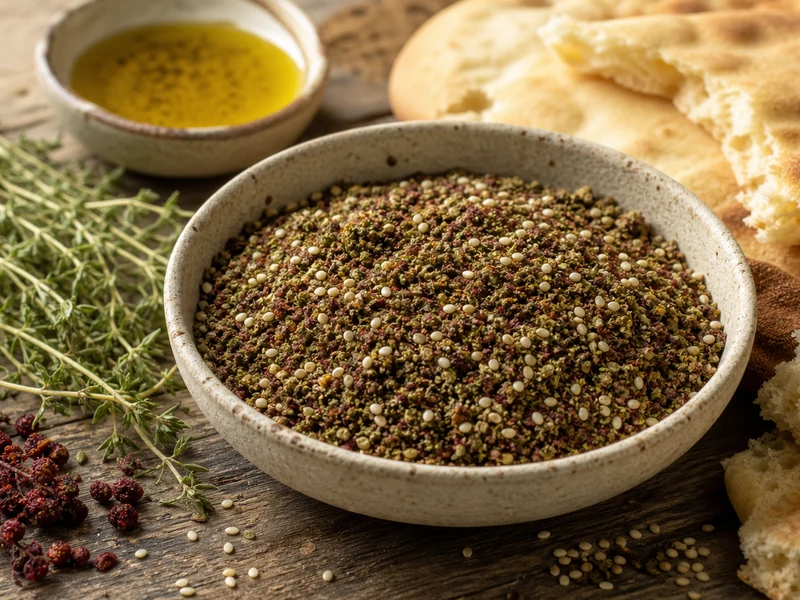 Un bol de zaatar accompagné de thym, de sumac, de sésame, de pain pita et d’huile d’olive.