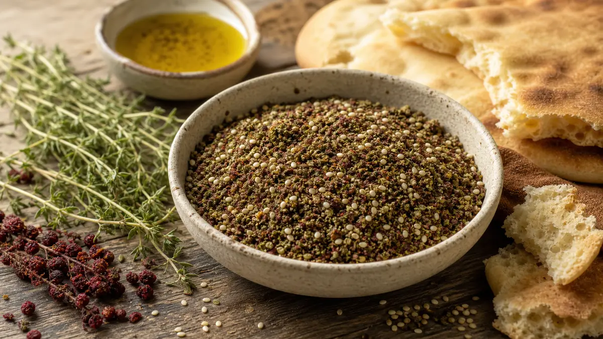 Un bol de zaatar accompagné de thym, de sumac, de sésame, de pain pita et d’huile d’olive.