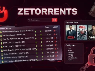 Interface graphique du site de téléchargement Zetorrent affichant une liste de fichiers et des catégories de contenus