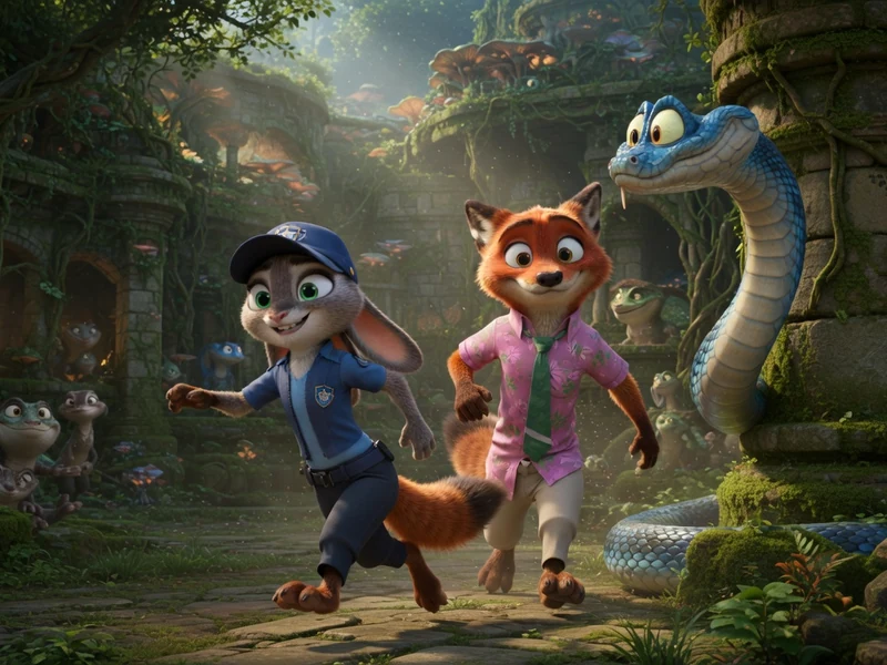 Judy Hopps et Nick Wilde courent dans une jungle luxuriante dans une scène de zootopie 2