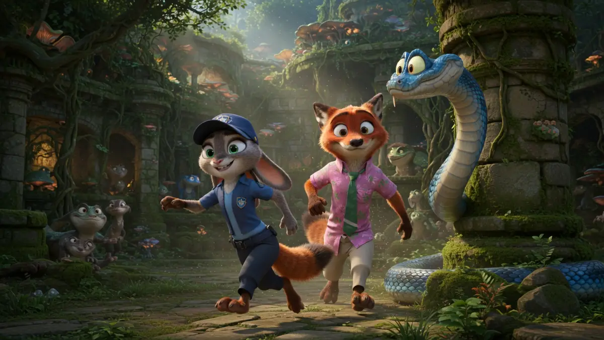 Judy Hopps et Nick Wilde courent dans une jungle luxuriante dans une scène de zootopie 2