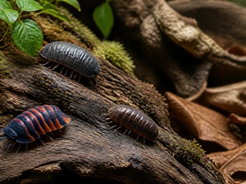Trois isopodes de différentes couleurs évoluent sur un tronc d'arbre recouvert de mousse