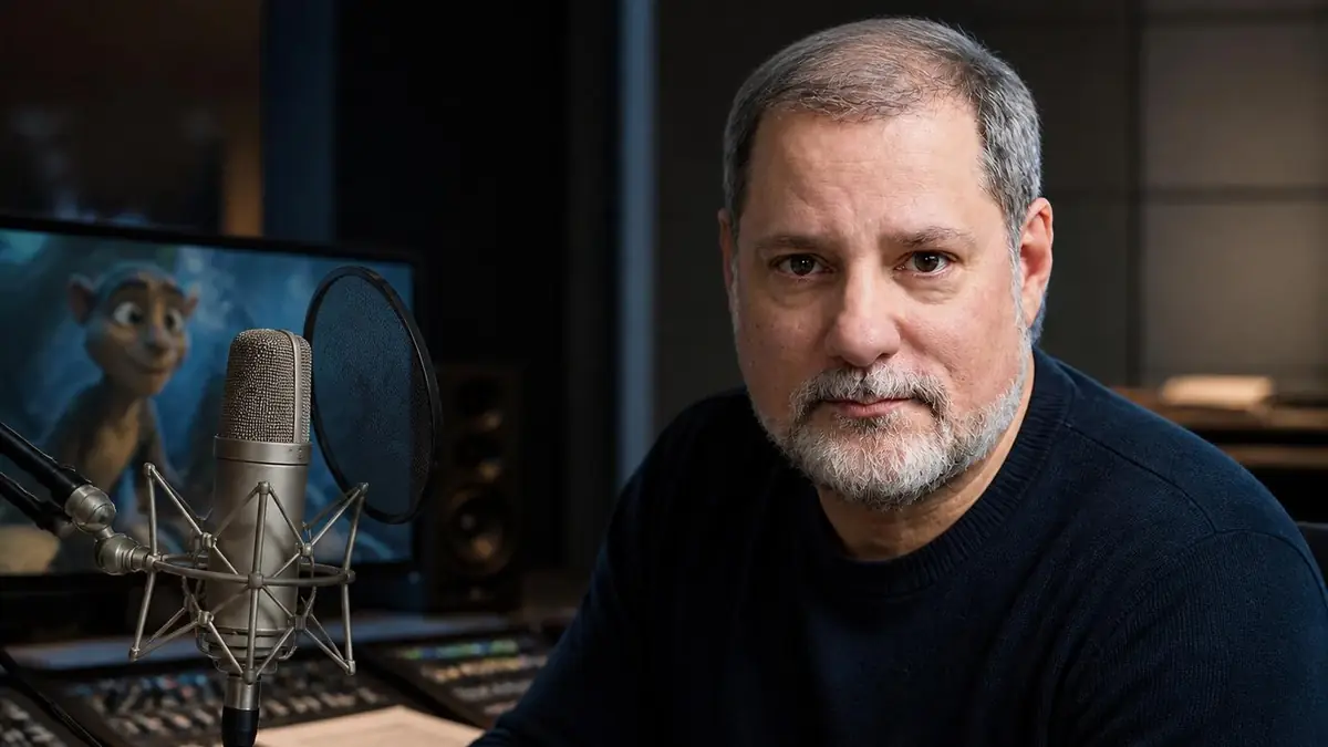 Alain Zouvi posant dans un studio d'enregistrement professionnel devant un microphone