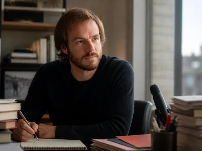 Alexandre Kouchner assis à son bureau devant des livres et un micro dans un cadre studieux