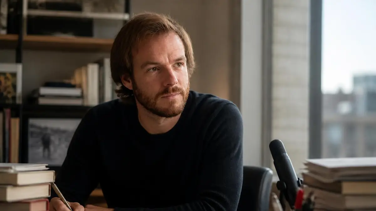 Alexandre Kouchner assis à son bureau devant des livres et un micro dans un cadre studieux