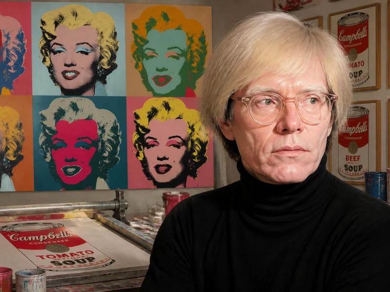 Portrait de l'artiste Andy Warhol devant certaines de ses œuvres emblématiques dans son atelier