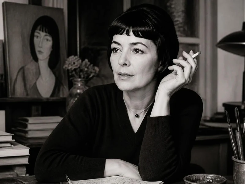 Portrait en noir et blanc de l'artiste Annabel Buffet tenant une cigarette dans son atelier