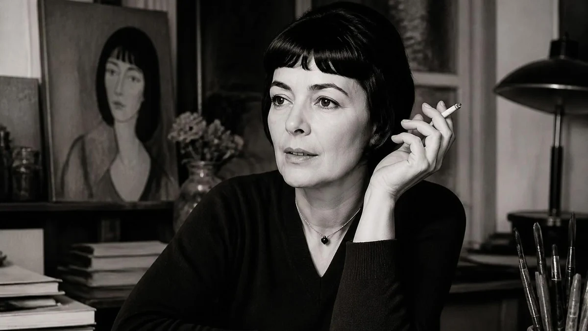 Portrait en noir et blanc de l'artiste Annabel Buffet tenant une cigarette dans son atelier