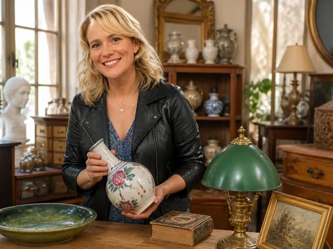 Anne-Catherine Verwaerde sourit en tenant un vase ancien au milieu d'objets de brocante