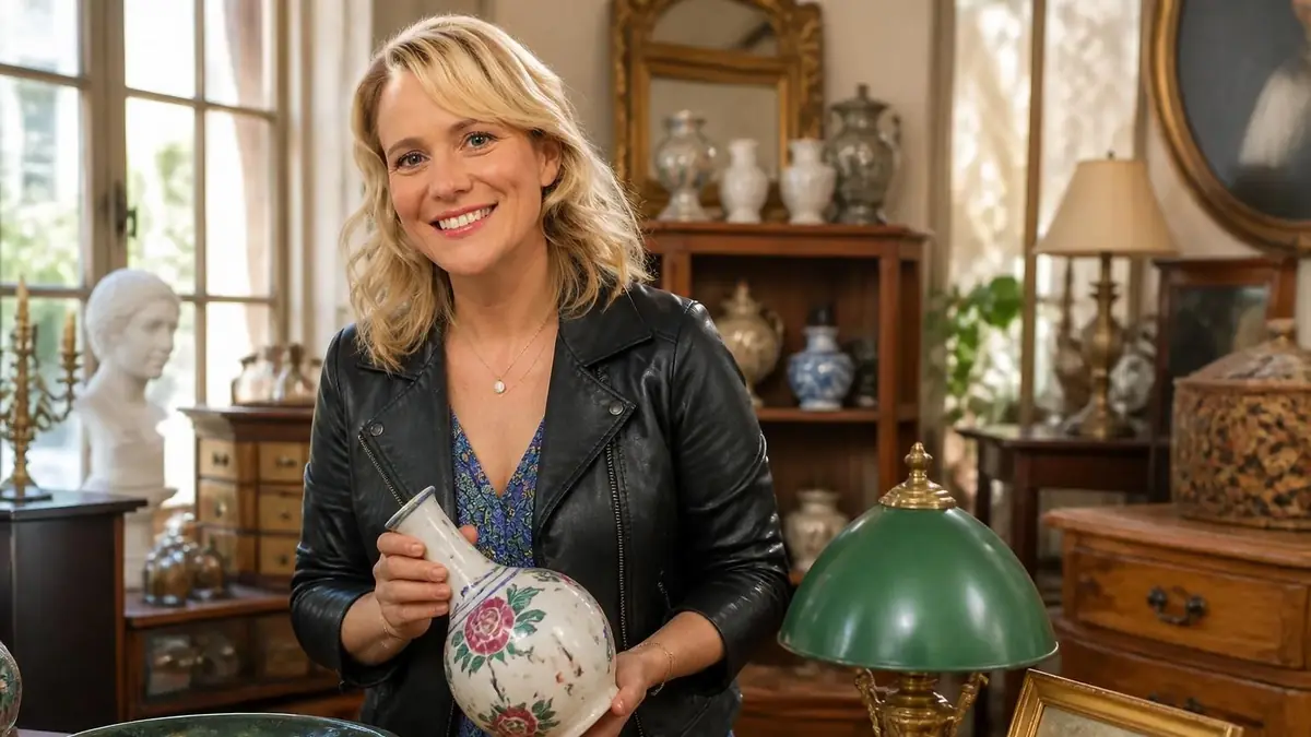 Anne-Catherine Verwaerde sourit en tenant un vase ancien au milieu d'objets de brocante