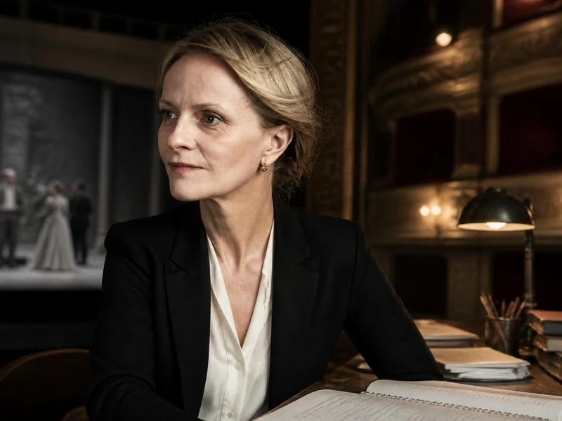 Portrait de la comédienne Anne Kessler dans un théâtre avec une scène en arrière-plan