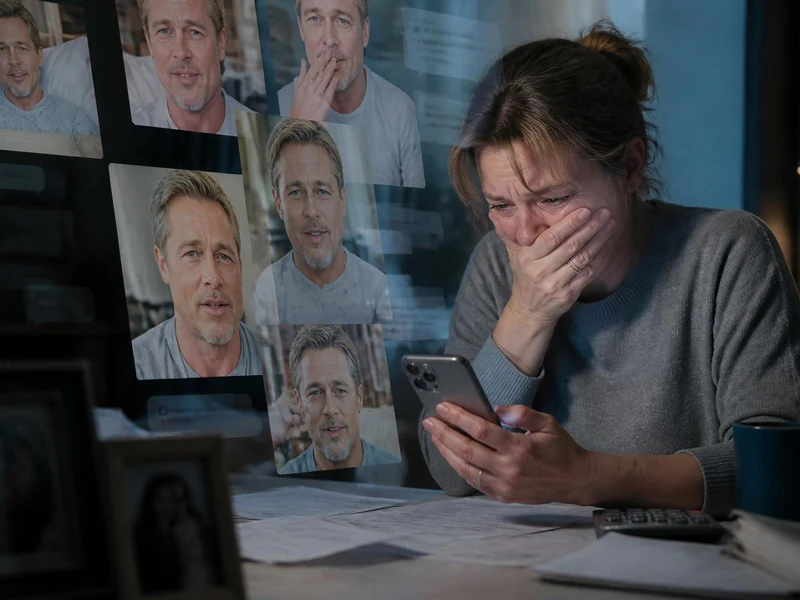 Une femme en pleurs regarde son téléphone, victime d'une Brad Pitt arnaque sur les réseaux sociaux