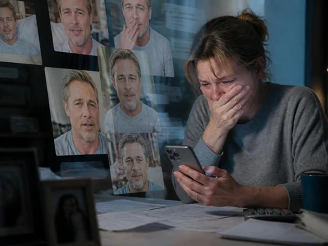 Une femme en pleurs regarde son téléphone, victime d'une Brad Pitt arnaque sur les réseaux sociaux