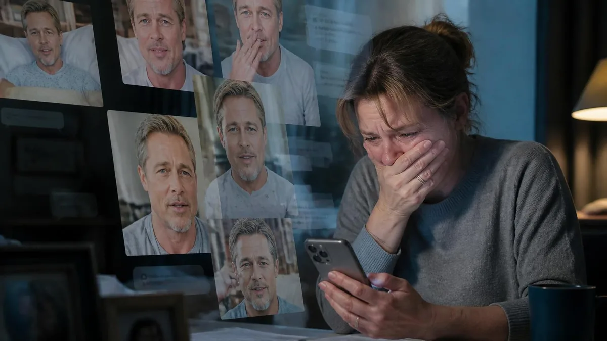Une femme en pleurs regarde son téléphone, victime d'une Brad Pitt arnaque sur les réseaux sociaux