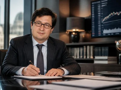 Arnaud Duhamel assis à son bureau dans un environnement professionnel avec des graphiques financiers en arrière-plan