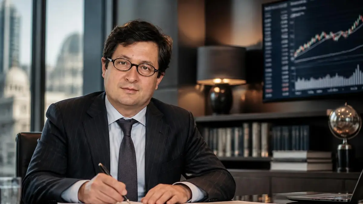 Arnaud Duhamel assis à son bureau dans un environnement professionnel avec des graphiques financiers en arrière-plan