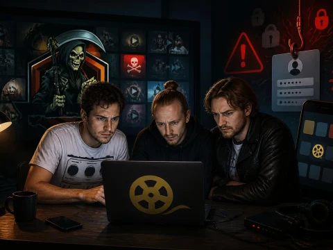 Trois hommes inquiets utilisent un ordinateur portable pour naviguer sur le site de streaming Attacker TV