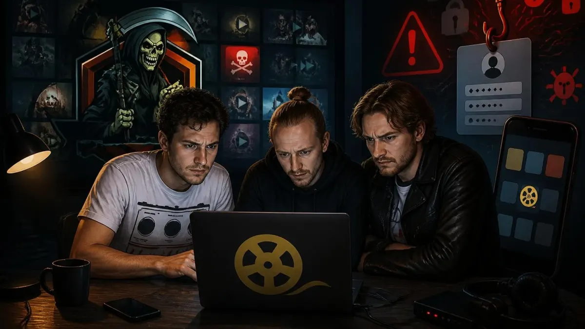 Trois hommes inquiets utilisent un ordinateur portable pour naviguer sur le site de streaming Attacker TV