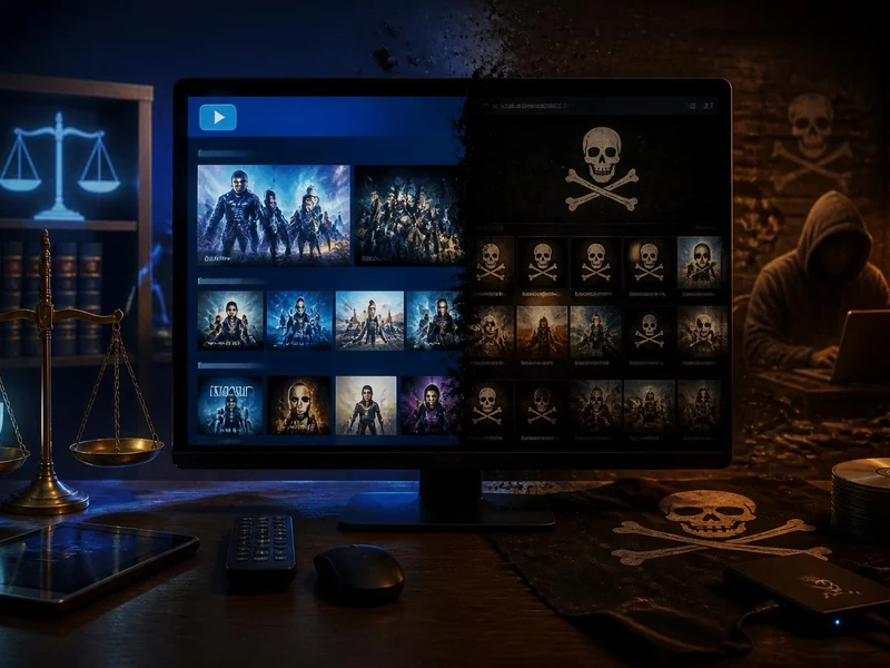 Écran divisé entre streaming légal et piratage pour illustrer le concept Batiav