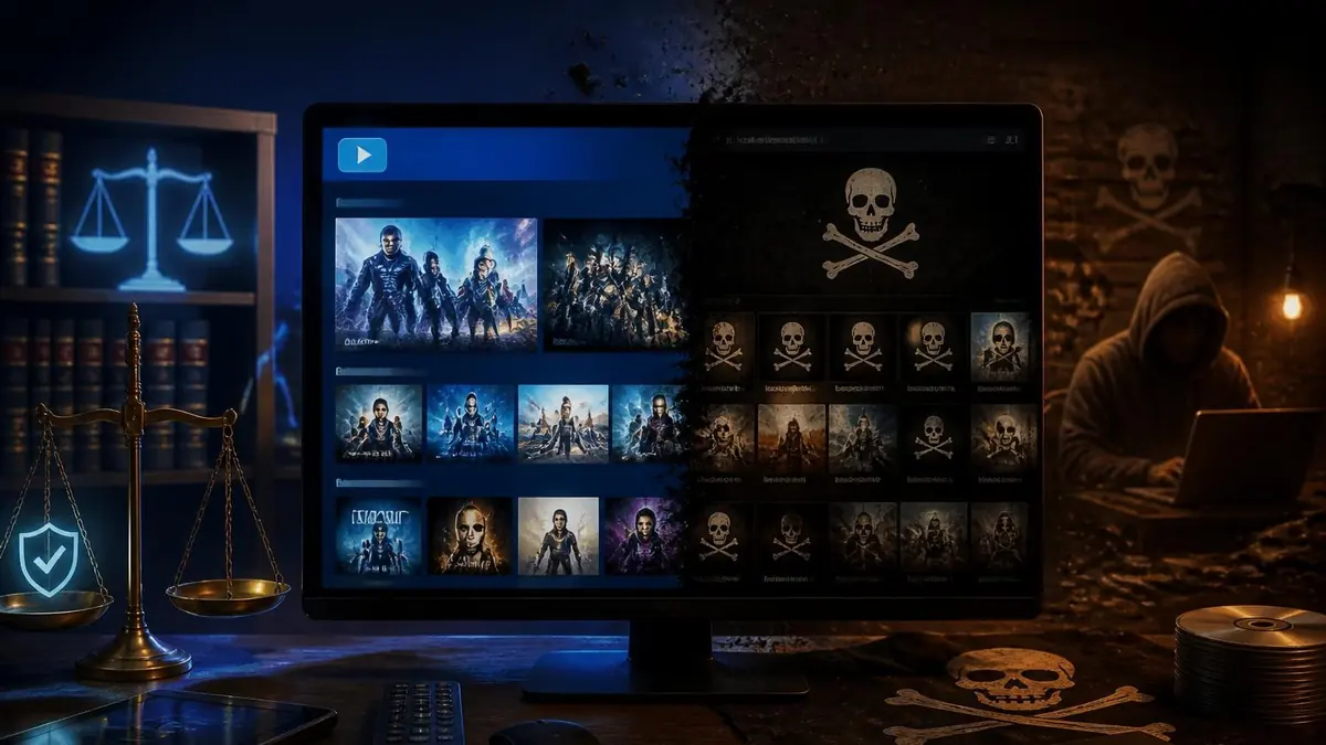 Écran divisé entre streaming légal et piratage pour illustrer le concept Batiav