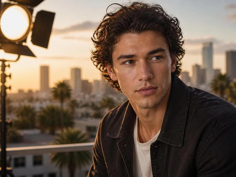 Portrait de l'acteur Belmont Cameli posant devant un paysage urbain au coucher du soleil