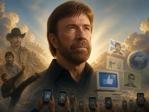 Portrait épique de l'acteur entouré d'icônes d'internet illustrant la culture de la blague Chuck Norris