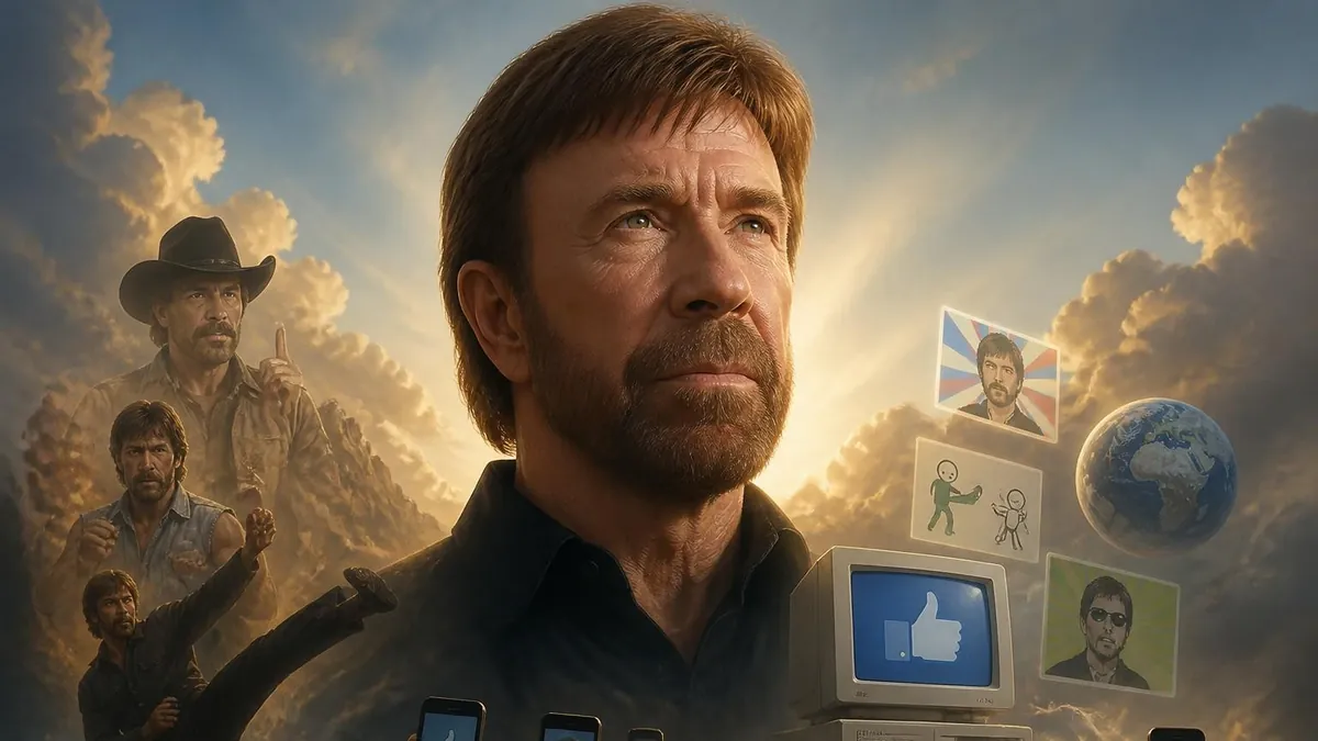 Portrait épique de l'acteur entouré d'icônes d'internet illustrant la culture de la blague Chuck Norris