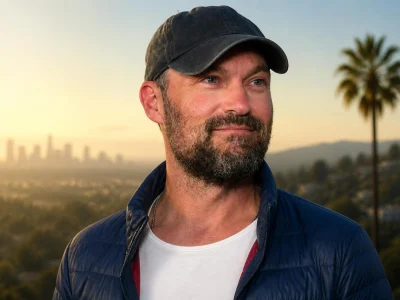 Portrait de Brian Austin Green portant une casquette avec un paysage urbain en arrière-plan