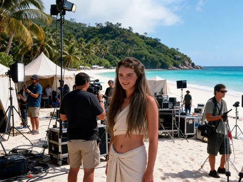 L'actrice brooke Shields The Blue Lagoon sur le tournage du film entourée par l'équipe technique sur une plage tropicale