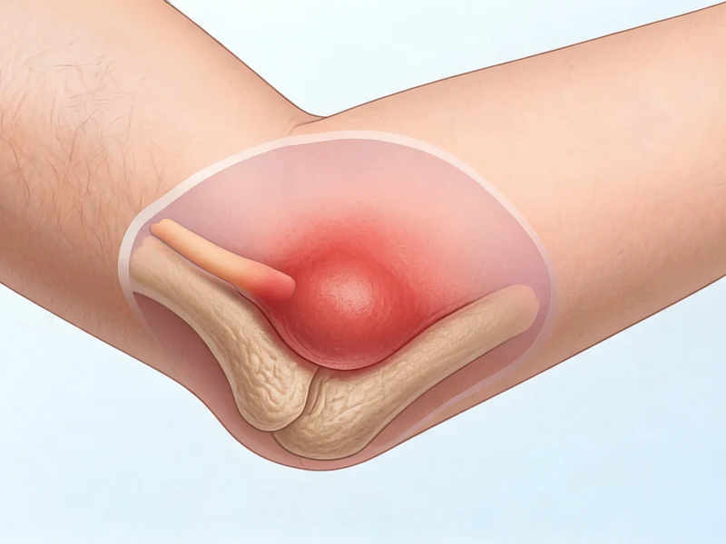 Illustration médicale montrant une bursite du coude avec une inflammation de la bourse séreuse